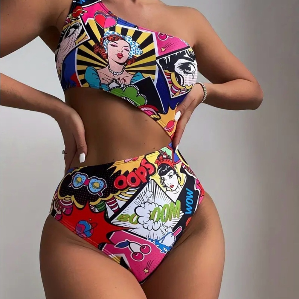 Colorful Pop Art One-Shoulder Swimsuit